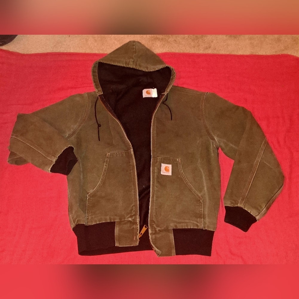 NICE Vintage 90s Washed Sage Green Carhartt Hooded Workwear Jacket. Med. - Picture 3 of 5